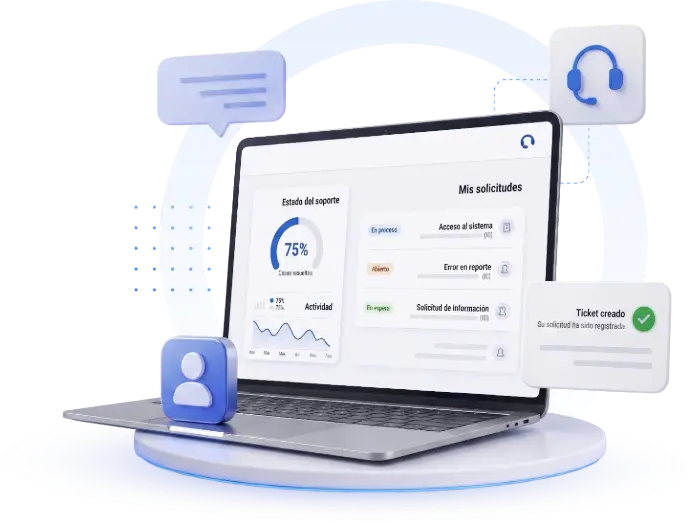 Interfaz del sistema de mesa de ayuda y portal de gestión de solicitudes ICQ24 en computadora