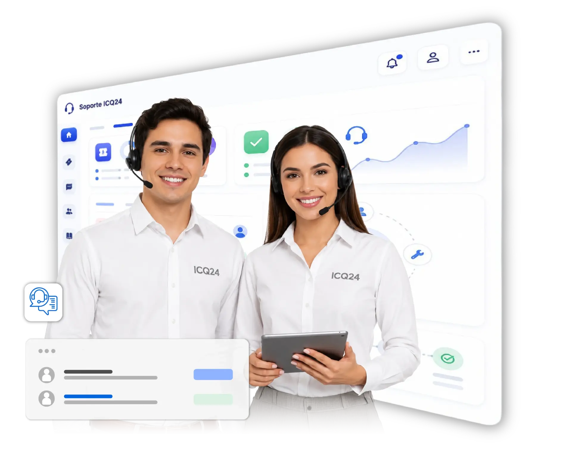 Ilustración del portal de soporte técnico enterprise y gestión de tickets de ICQ24